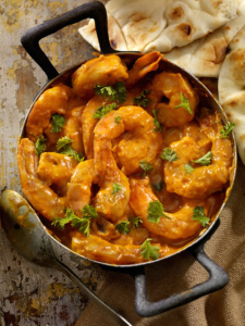 Curry Shrimp with Rice, Fresh Parsley and Naan Bread